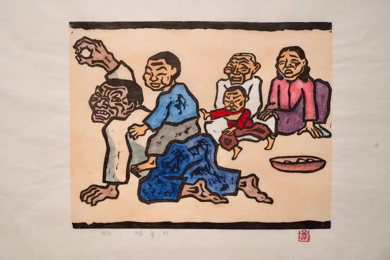 범놀이, 저피지(한지)에 고무판화, 수채 채색 1984 - 오윤