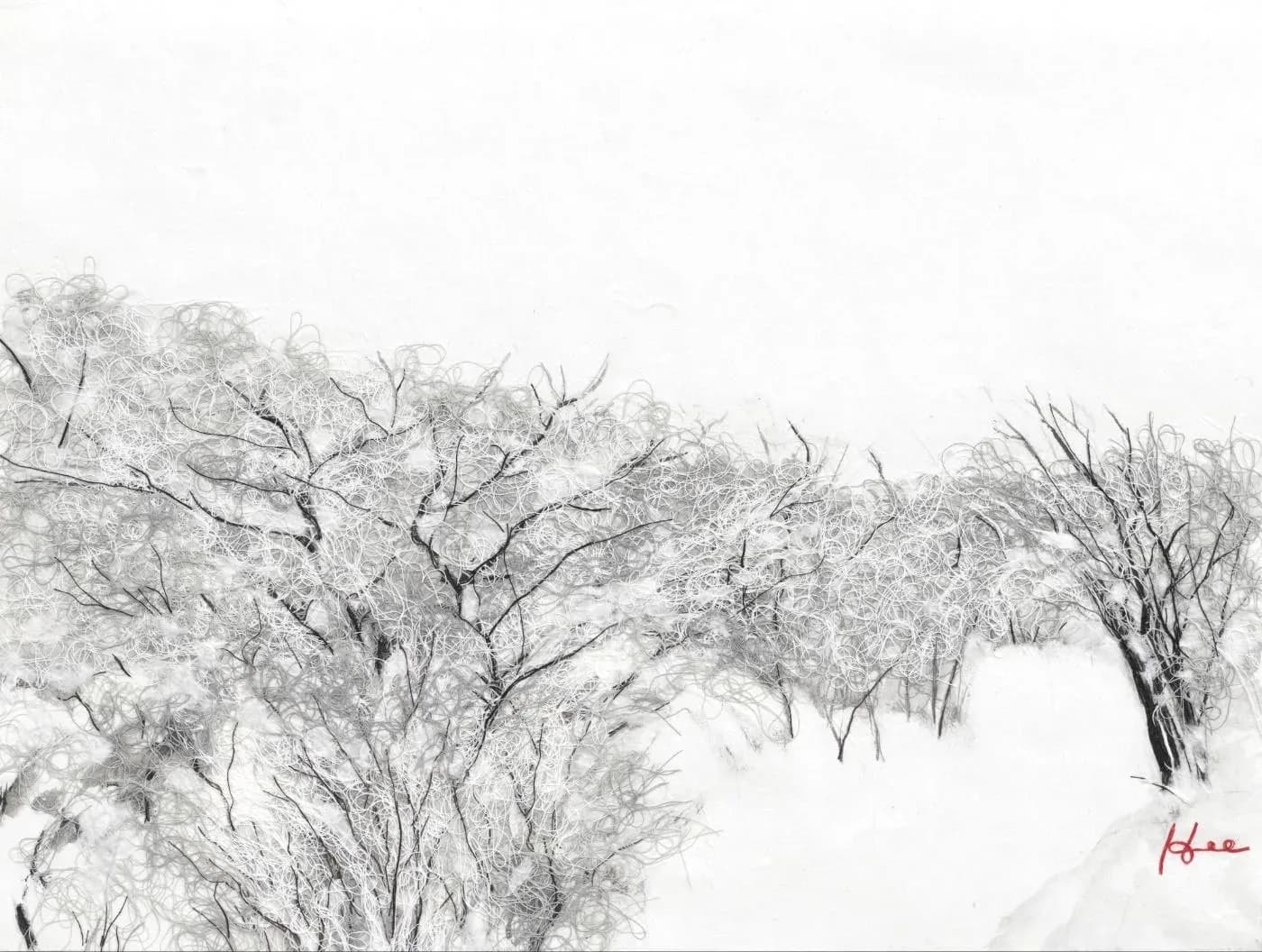 눈밭02, cotton thread on korean paper 2024 - 홍진희