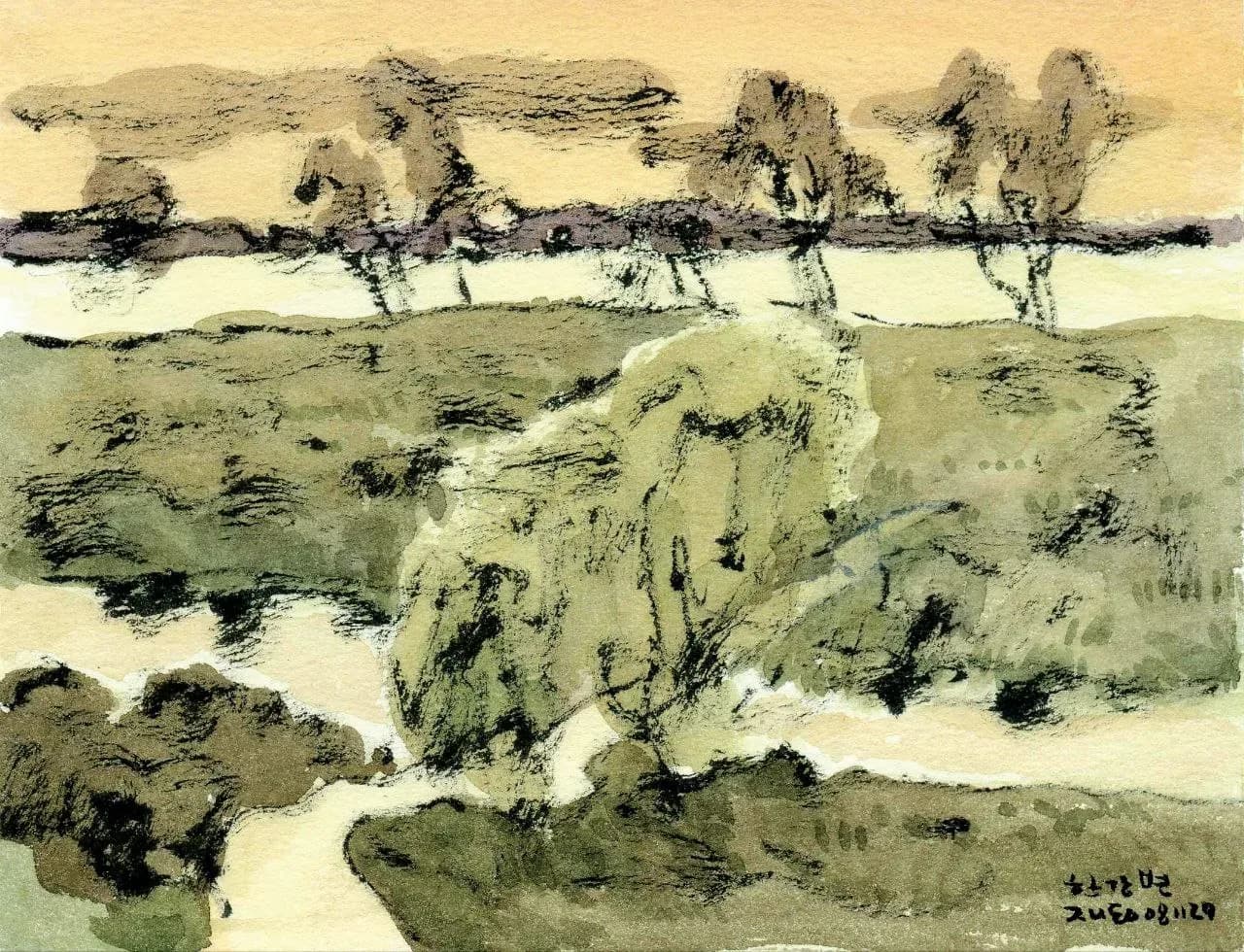 한강변, Pigment on watercolor texture 2008 - 박재동
