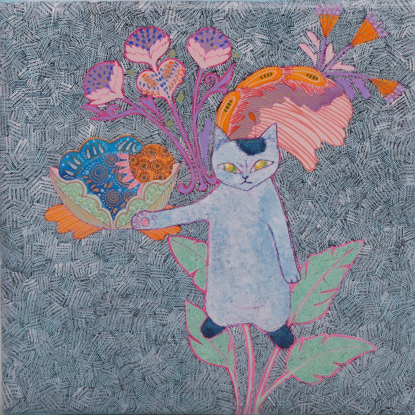 I'm cat 꽃과나 blue, Gouache on canvas 2026 - UME