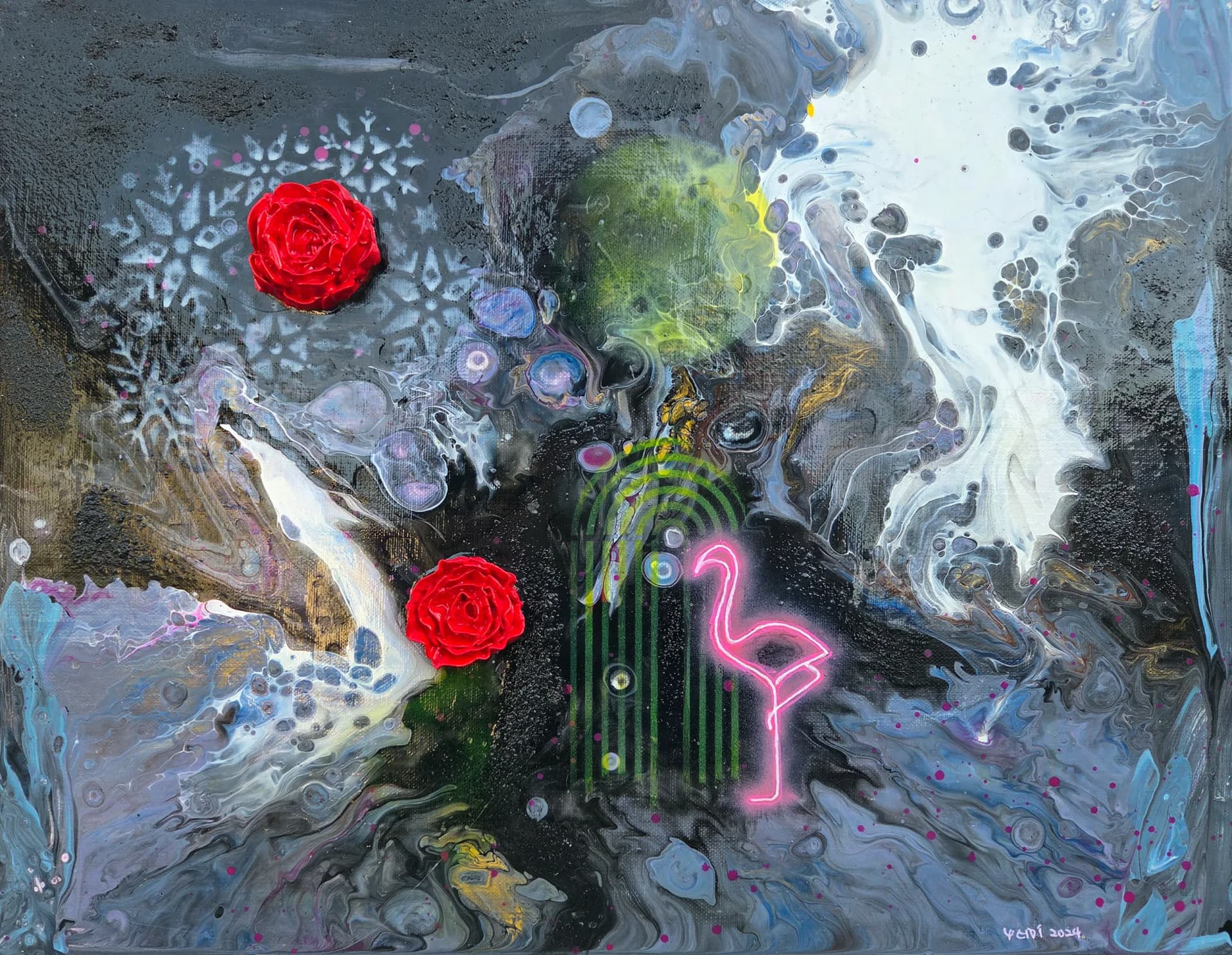 Dream of the Flamingo I, Mixedmedia on canvas - Yemikim